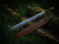 Damascus Steel Medieval Sword Battle Ready with Leather Sheath-Brass Sword-
