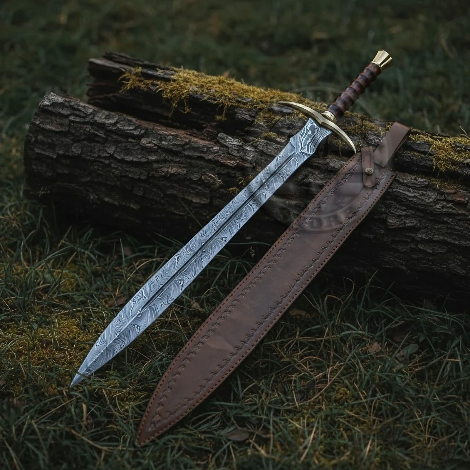 Handcrafted Damascus Steel Medieval Sword Full Tang with Leather -Brass Sword-