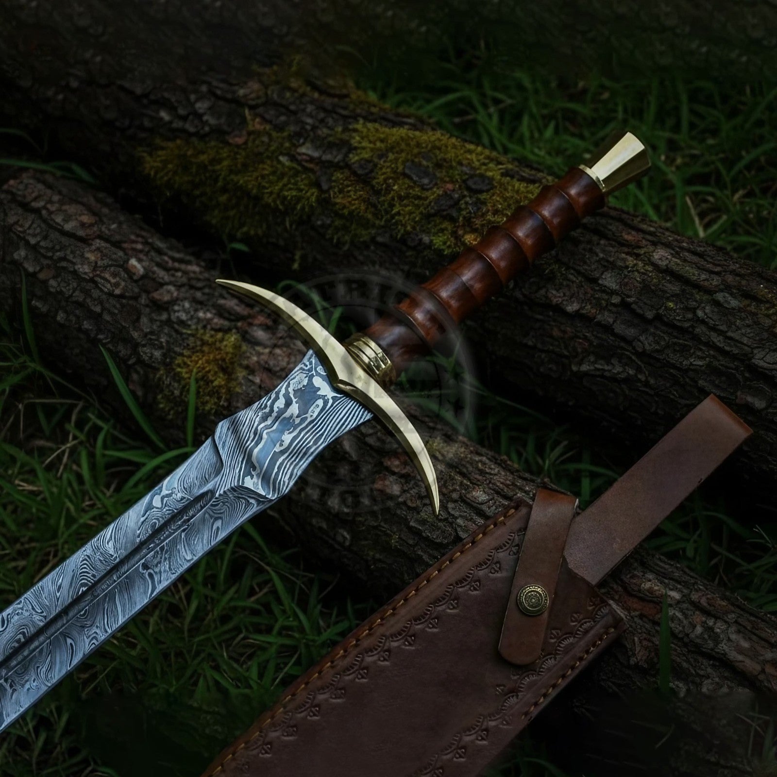 Battle Ready Damascus Steel Medieval Sword with Leather Sheath USA -Brass Sword-