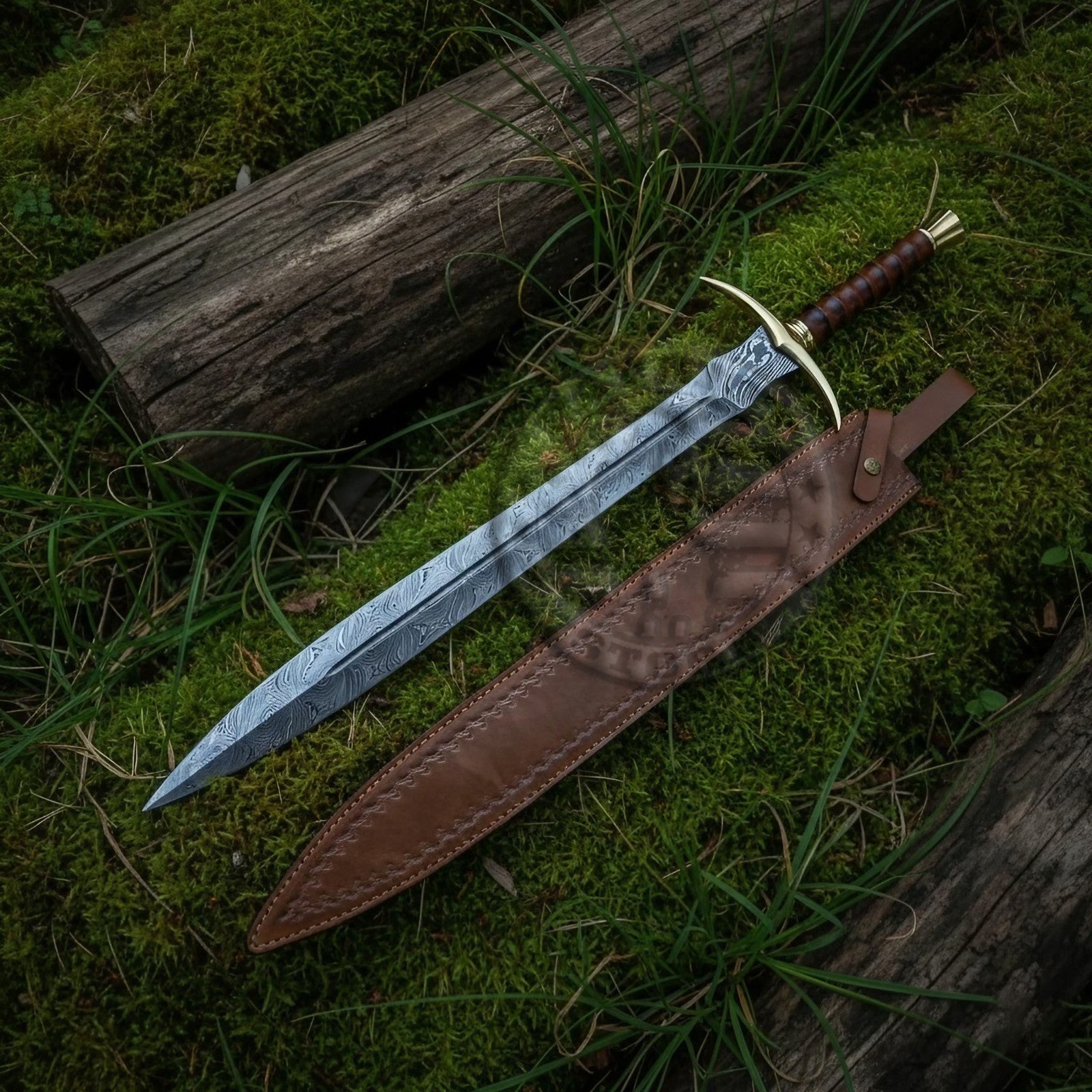 Handcrafted Damascus Steel Medieval Sword Full Tang with Leather -Brass Sword-