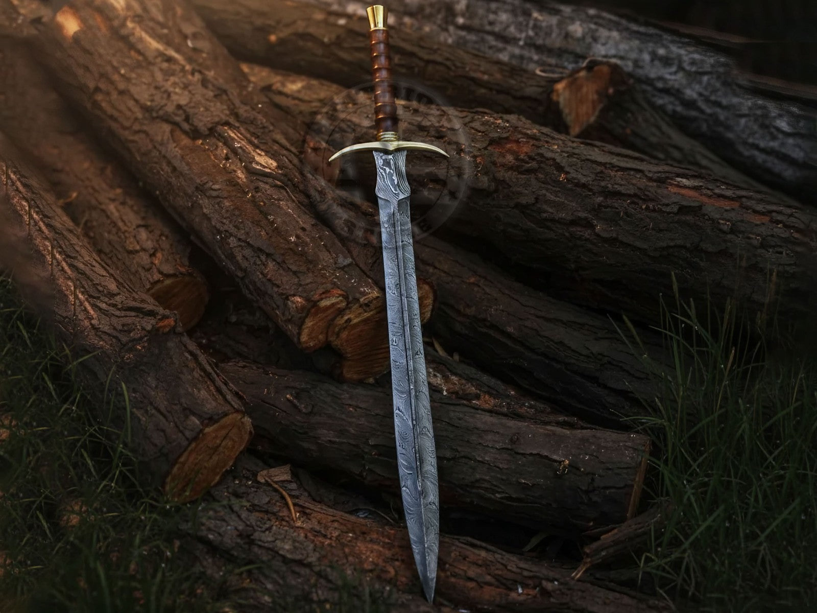 Damascus Steel Double Edge Medieval Sword Full Tang Rosewood Handle-Brass Sword-