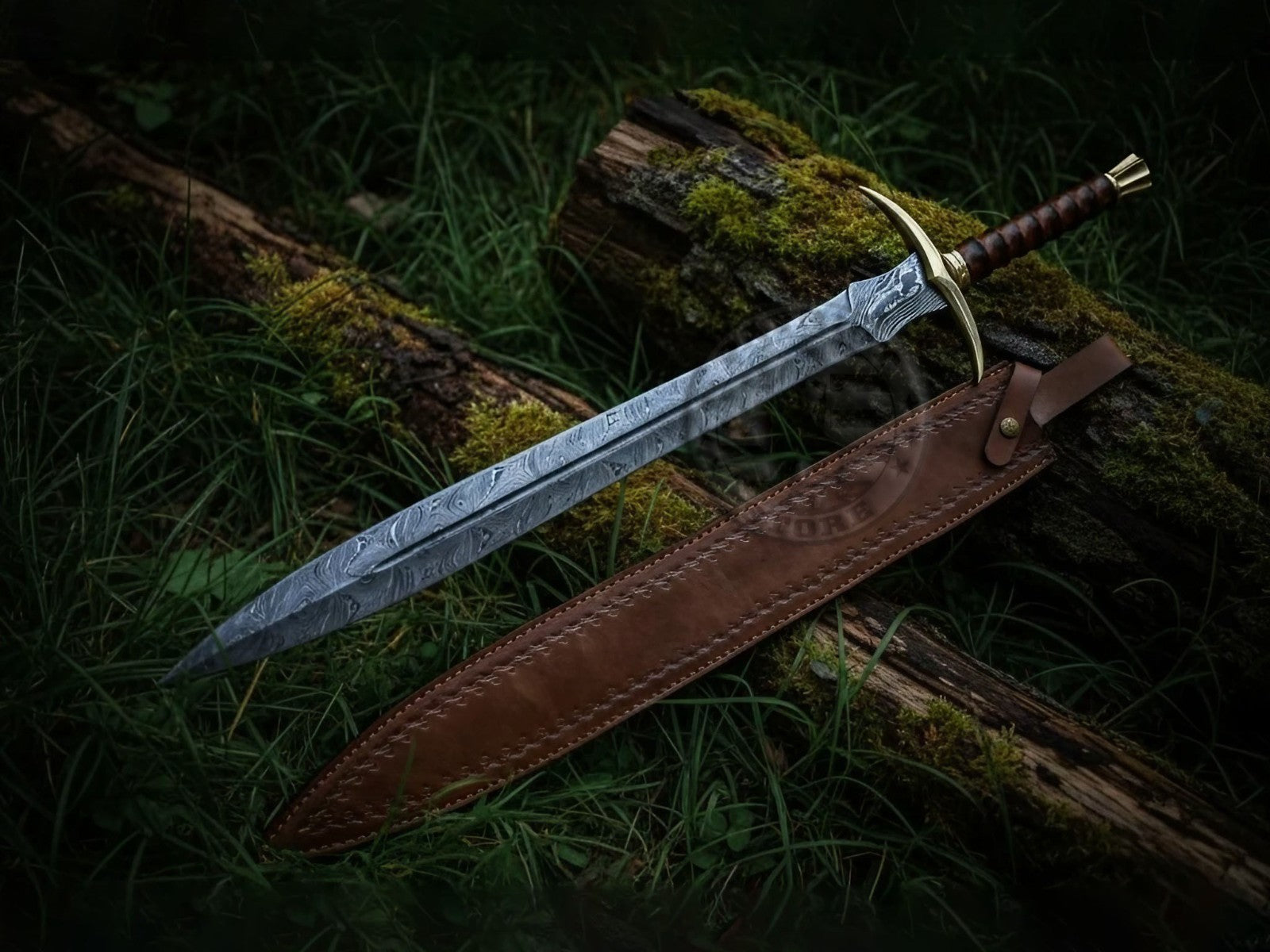 Handcrafted Damascus Steel Medieval Sword Full Tang with Leather -Brass Sword-