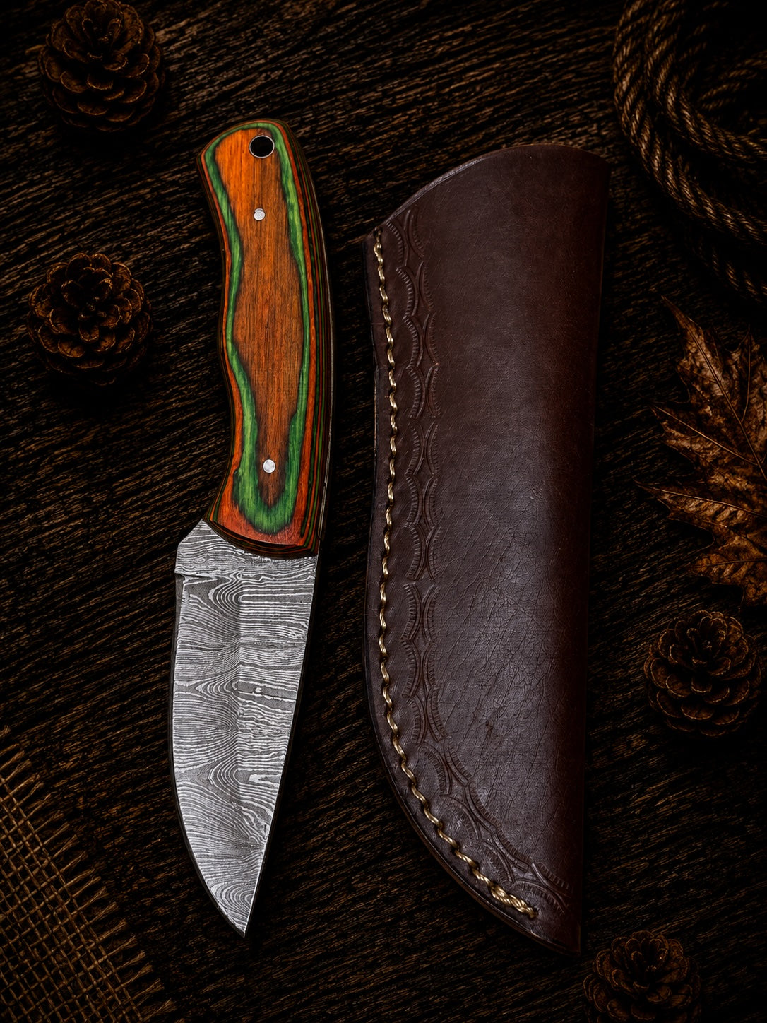 Damascus fixed blade hunting knife with orange and green two-tone layered wood handle and embossed leather sheath