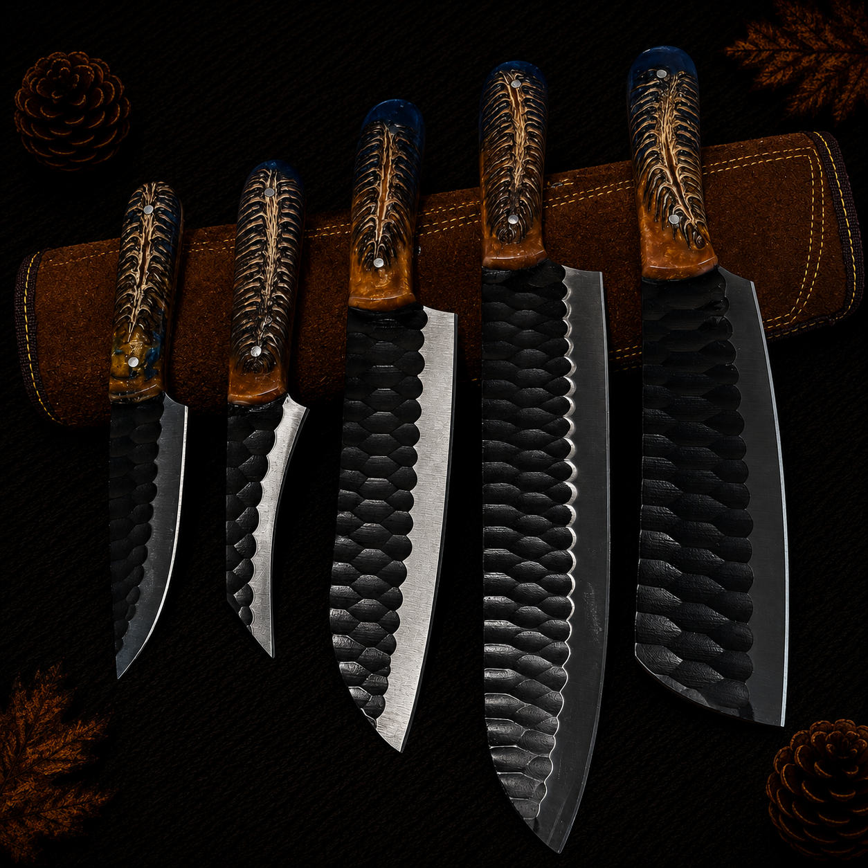 Ki703 5-Piece Hand-Forged Damascus Kitchen Knife Set with Antler and Amber Resin Handles and Leather Roll