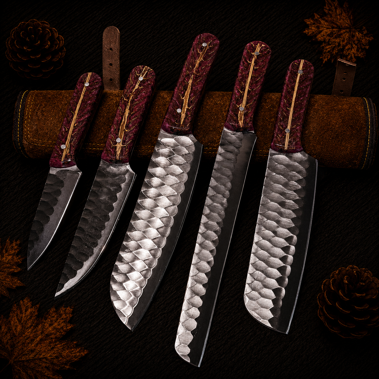 Ki706 5-Piece Hand-Forged Damascus Kitchen Knife Set with Crimson Resin and Gold Inlay Handles and Leather Roll