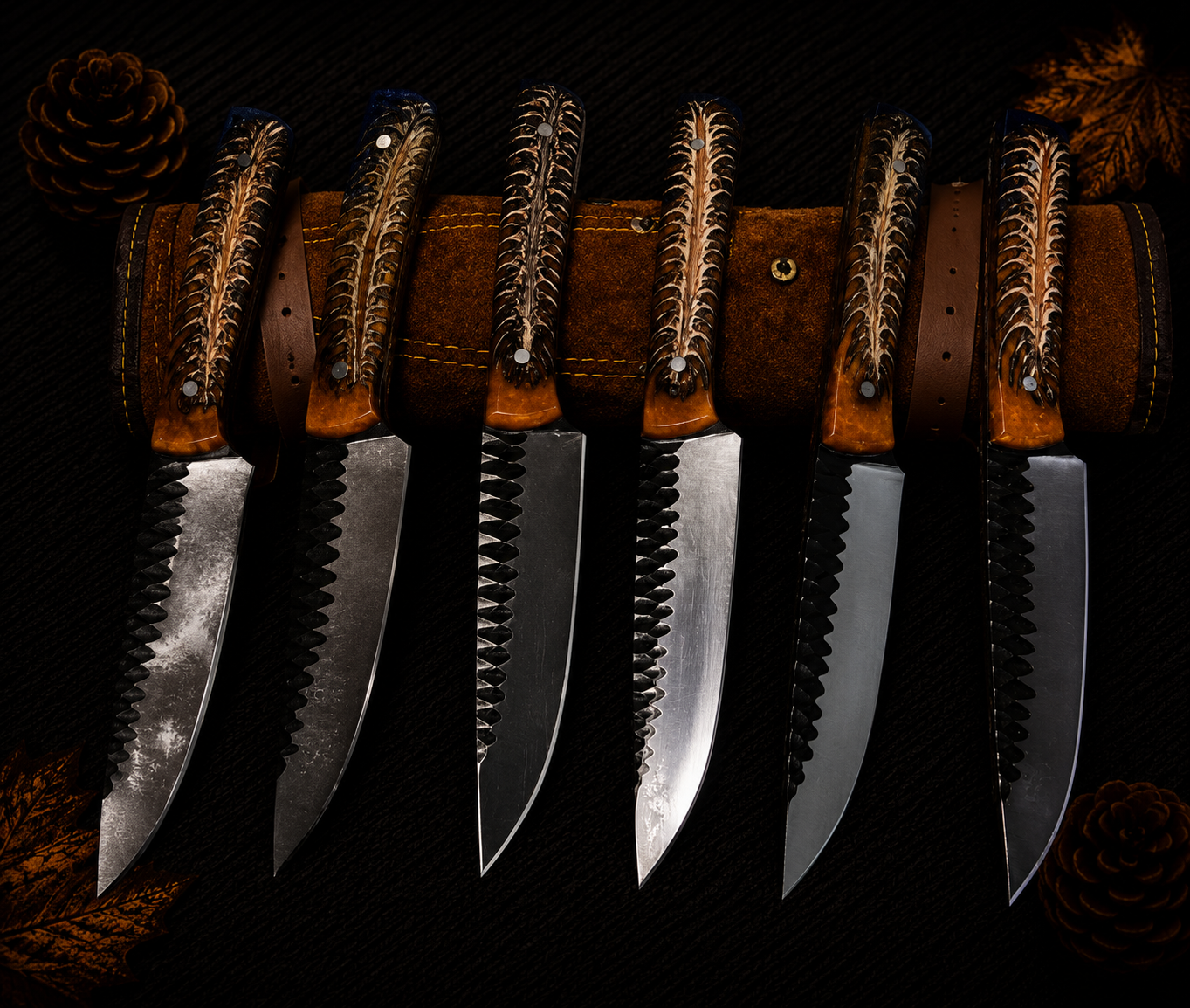 Ki710 6-Piece Hand-Forged Damascus Kitchen Knife Set with Antler Spine and Walnut Handles and Leather Roll