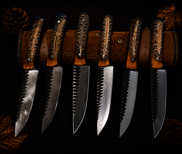 Ki710 6-Piece Hand-Forged Damascus Kitchen Knife Set with Antler Spine and Walnut Handles and Leather Roll