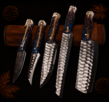 Ki711 5-Piece Hand-Forged Damascus Kitchen Knife Set with Blue and White Marble Resin and Antler Handles and Leather Roll