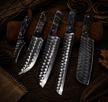 Ki716 5-Piece Hand-Forged Damascus Kitchen Knife Set with Galaxy Resin Handles and Leather Roll
