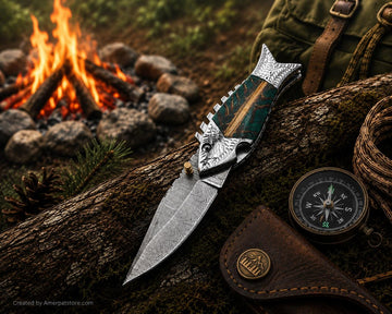 Handcrafted Damascus Steel Folding Knife | Engraved Eagle Handle | Resin & Wood Inlay Pocket Knife | Outdoor Camping Gift for Him