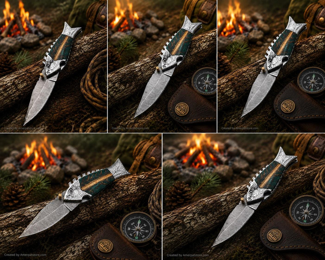 Handcrafted Damascus Steel Folding Knife | Engraved Eagle Handle | Resin & Wood Inlay Pocket Knife | Outdoor Camping Gift for Him