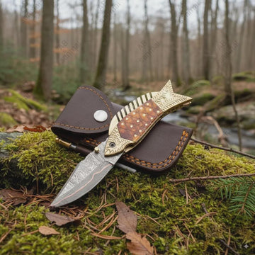 Handcrafted Damascus Steel Folding Knife | Engraved Eagle Handle | Resin & Wood Inlay Pocket Knife | Outdoor Camping Gift for Him